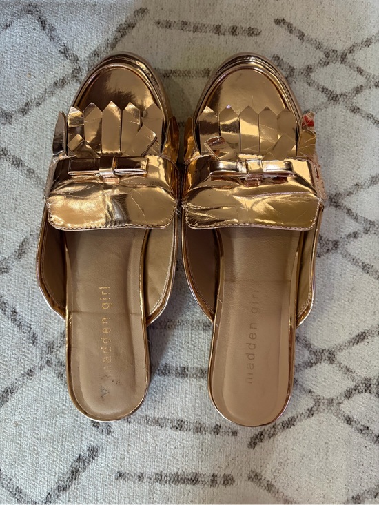 Madden Girl Shoes - Madden Girl Rose Gold Metallic Fringe Mule Loafers Bow Detail Size 8